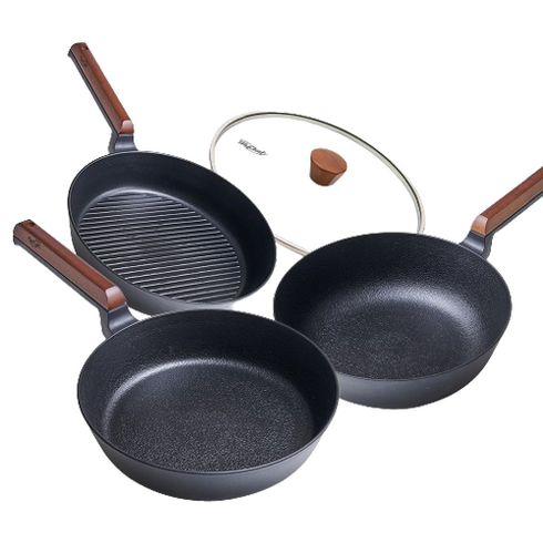 마이셰프 인덕션 헤이즐 3종, 블랙 + 우드, 프라이팬 28cm + 궁중팬 28cm + 그릴팬 26cm + 유리뚜껑 28cm, 1개