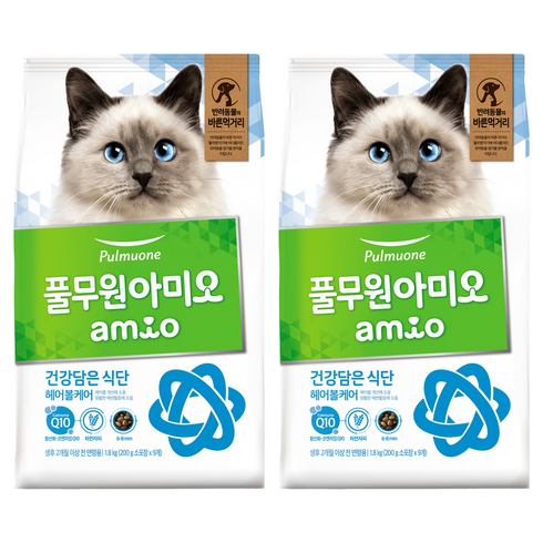 풀무원아미오 고양이 건강담은 식단 기능성 사료, 헤어볼, 1.8kg, 2개