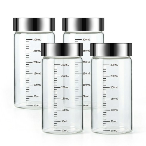 코멧 홈 내열유리 눈금 유리병 뚜껑 포함, 4개, 300ml