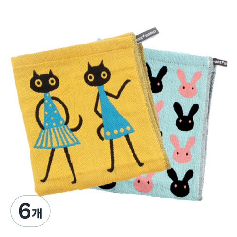 퓨어썬데이 순면 3중 고양이 거즈행주 2p 세트, 6개, 고양이, 토끼
