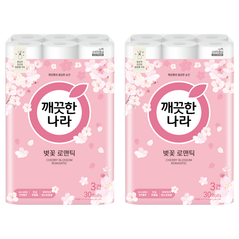 깨끗한나라 벚꽃 로맨틱 천연펄프 3겹 고급롤화장지, 27m, 30개입, 2개