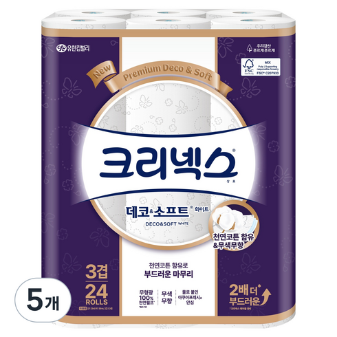 크리넥스 데코 & 소프트 화이트 화장지, 28m, 24개입, 5개