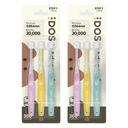 DOS 360 아기칫솔 1단계, 바이올렛 + 옐로우 + 민트, 3개입, 2세트