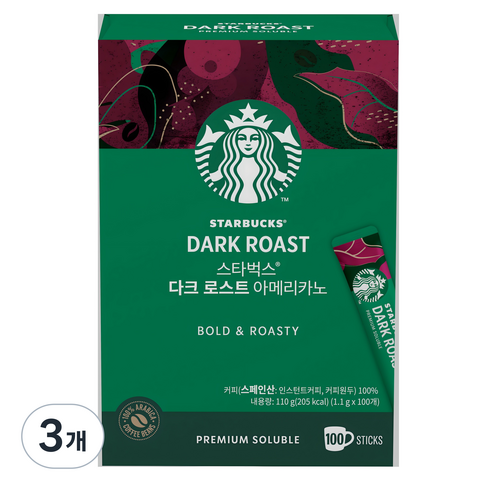 스타벅스 다크 로스트 아메리카노 원두커피믹스, 1.1g, 100개입, 3개
