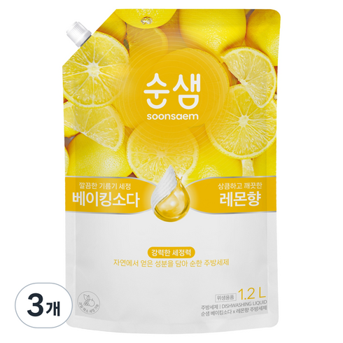 순샘 베이킹소다 레몬 주방세제 리필, 1.2L, 3개