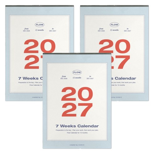 아이코닉 2027 플로우 월 캘린더 벽걸이달력 대형 A2, 혼합색상, 3개