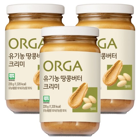 올가홀푸드 유기농 땅콩버터 크리미, 3개, 220g