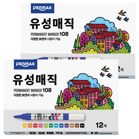 펜맥스 유성매직 108 12색, 노랑, 주황, 적색, 핑크, 연두, 녹색, 하늘, 블루, 보라, 황토, 고동, 검정, 2세트