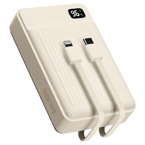 바우아토 포켓쉴 고속 입출력 케이블 일체형 미니 대용량 난연 보조배터리 20000mAh C타입 애플8핀 PD 22.5W, 아이보리