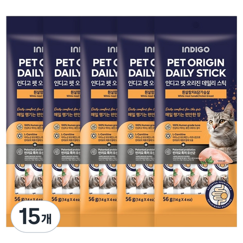 인디고포 고양이 펫 오리진 데일리 스틱 간식 4p, 56g, 15개, 혼합맛(참치/닭가슴살)