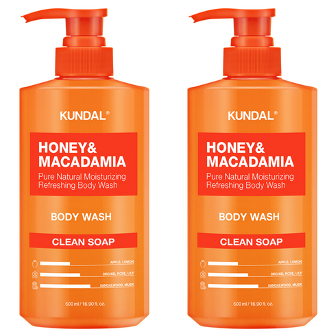 쿤달 허니 앤 마카다미아 퓨어 퍼퓸 바디워시 클린솝향, 500ml, 2개