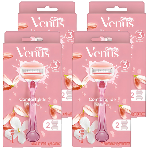 Venus 정품 컴포트 글라이드 화이트티 여성용 면도기 + 면도날 2입, 혼합색상, 4개