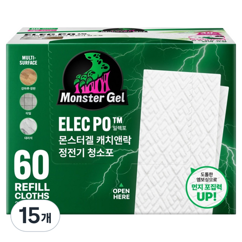 몬스터겔 초강력 정전기 청소포 일렉포 리필 60매, 15개