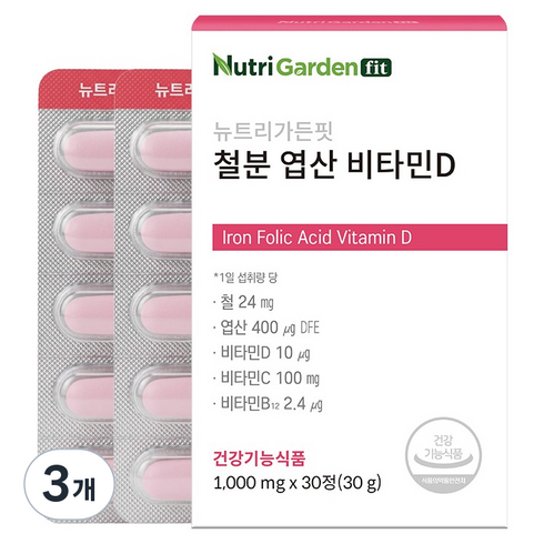 뉴트리가든핏 철분 엽산 비타민D 30g, 3개, 30정