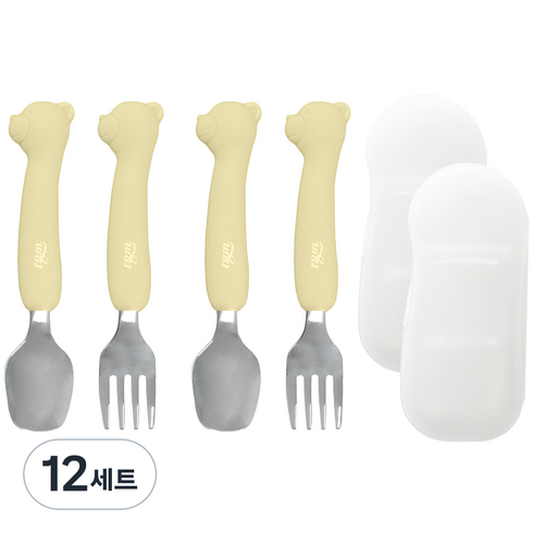 티지엠 국내 제조 실리콘 스테인리스 스푼포크 세트 곰돌이, 올리브, 스푼 + 포크 + 케이스, 12세트