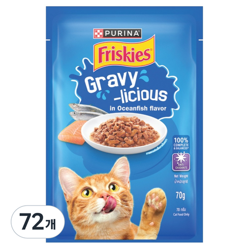 프리스키 고양이 퓨리나 그레이비 바다생선 주식 습식 파우치, 72개, 70g, 닭