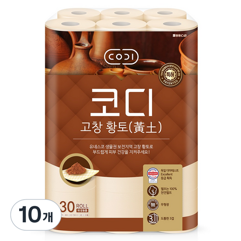 코디 천연펄프 3겹 고창 황토 롤화장지, 30m, 30개입, 10개