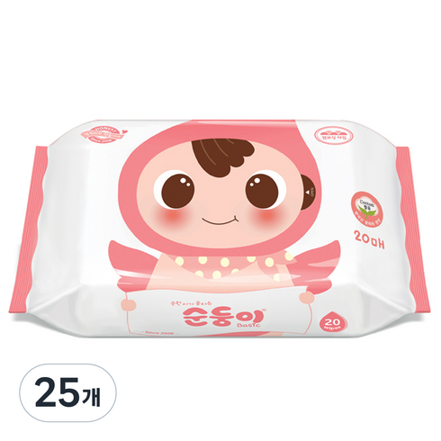 순둥이 베이직 무향 엠보싱 아기 물티슈 휴대 리필형, 25개, 20매, 55g