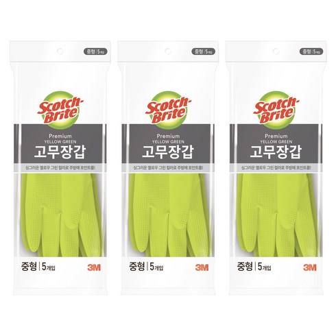 스카치브라이트 프리미엄 고무장갑 5개입, 옐로우그린, 중(M), 3세트