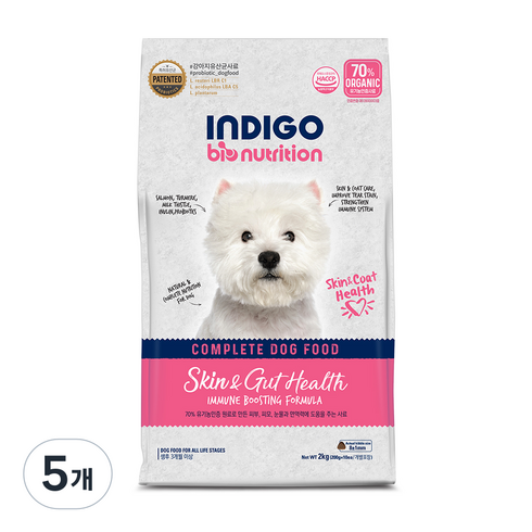 인디고 강아지 바이오뉴트리션 기능성 사료, 피부/피모+장건강, 2kg, 5개