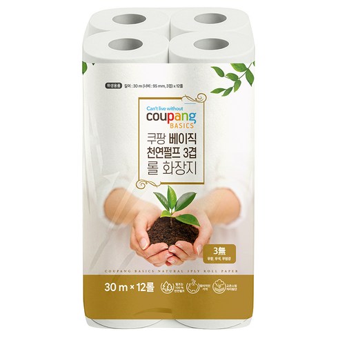 쿠팡베이직 네추럴 3겹 천연펄프 롤화장지 30m, 12개입, 1개