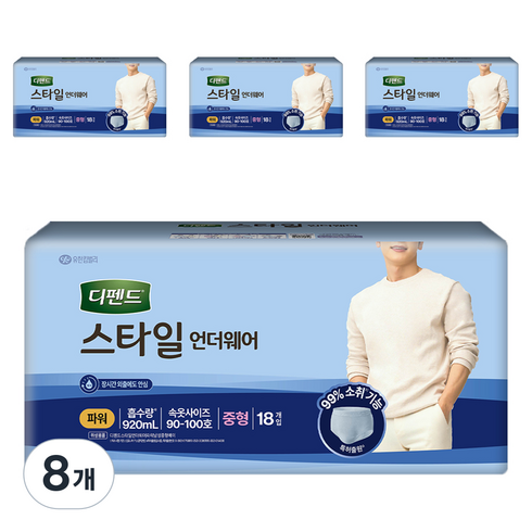 디펜드 남성용 스타일 언더웨어 성인기저귀 파워, 중형, 18개입, 8개