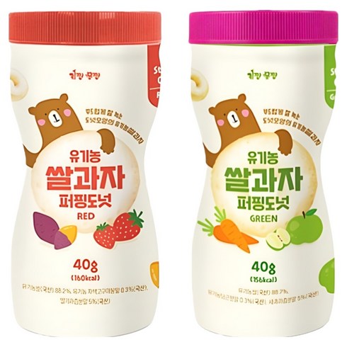 키짱몸짱 아동용 유기농 쌀과자 퍼핑도넛 2종 세트, 딸기맛,사과맛, 40g, 1개
