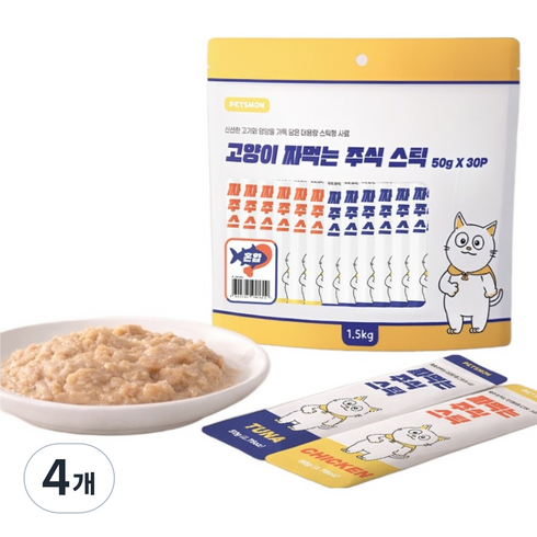 펫츠몬 고양이 짜먹는 주식 스틱 30p, 1.5kg, 4개, 혼합맛(닭고기/참치)