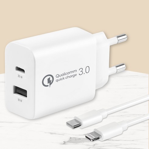 모잇 퀄컴 공식인증 QC 3.0 PD25W 2포트 PPS 초고속충전기 + 8핀 라이트닝 아이폰 케이블, 화이트, 1개