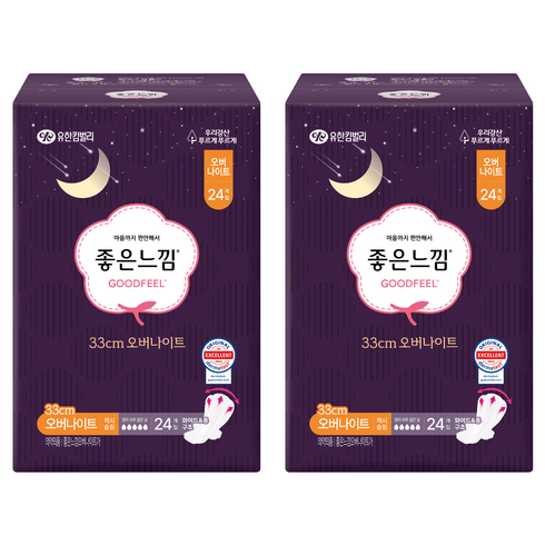 좋은느낌 오리지널 생리대 날개형, 오버나이트, 24개입, 2개