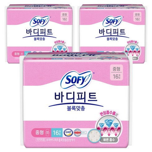 바디피트 볼록맞춤 생리대 날개형, 중형, 16개입, 3개