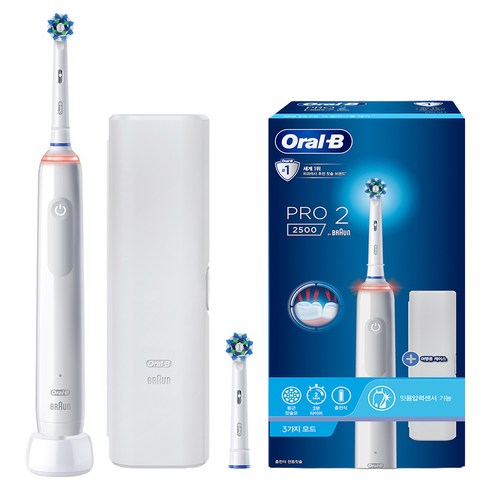 오랄비 정품 프로2500 전동칫솔 + 리필 + 케이스 세트, Pro2500, 화이트, 1개