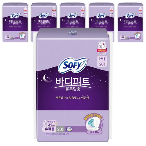 쏘피 바디피트 볼록맞춤 생리대 날개형, 슈퍼롱, 20개입, 6개