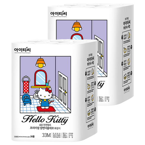 ITC 헬로키티 4겹 천연펄프 프리미엄 양면더블데코 고급롤화장지, 33m, 30개입, 2개