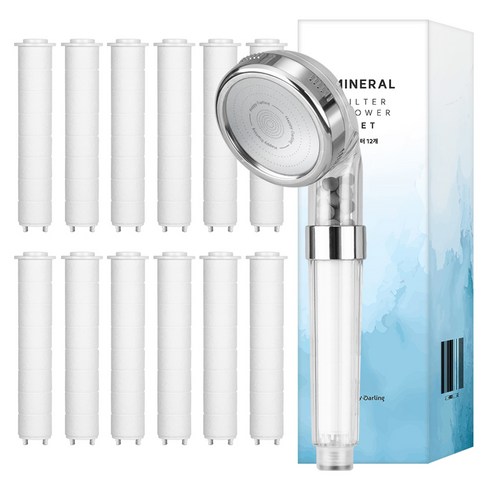해피달링 미네랄 4단 필터 샤워기 헤드 + 필터 12p 세트, 1개, 화이트