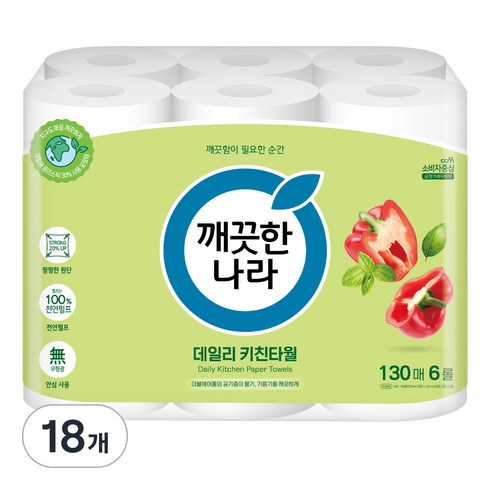 깨끗한나라 데일리 천연펄프 키친타올, 130매, 18개