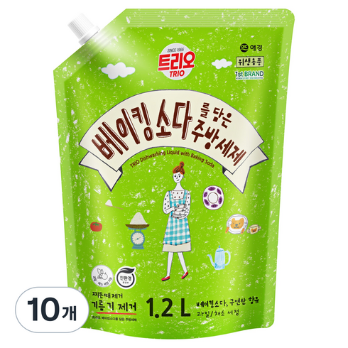 트리오 베이킹소다를 담은 주방세제 라임향 리필, 1.2L, 10개