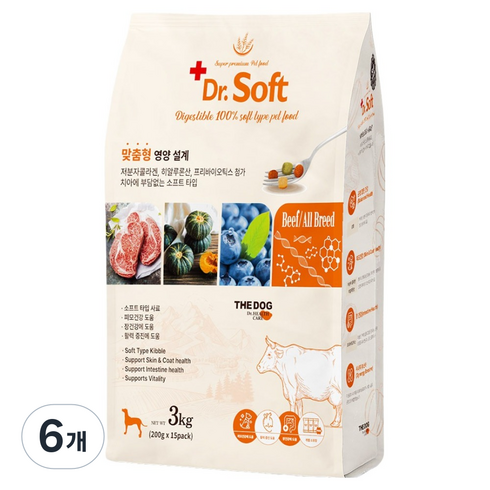 더독 강아지 전연령용 닥터 소프트 사료, 소, 3kg, 6개