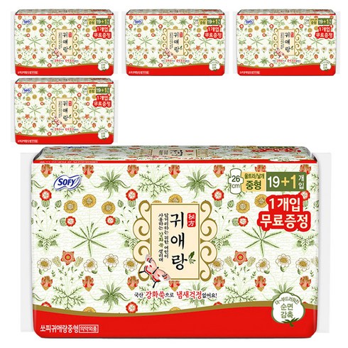 쏘피 귀애랑 생리대 날개형, 중형, 20개입, 5개