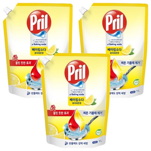 프릴 시크릿 오브 베이킹소다 플러스 퓨어레몬향 리필, 3개, 1L
