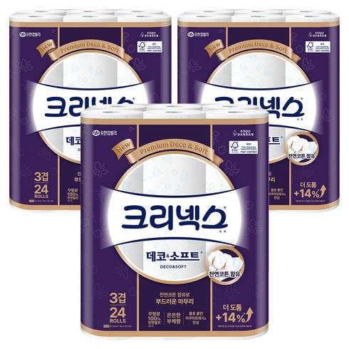 크리넥스 3겹 천연펄프 데코 앤 소프트 화장지, 28m, 24개입, 3개