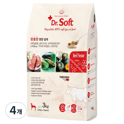 더독 노령견용 강아지 닥터 소프트 사료, 소, 3kg, 4개
