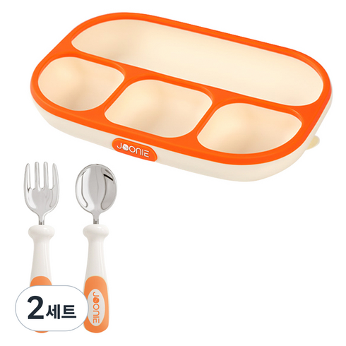 주니 실리콘 흡착식판 + 스테인레스 스푼 + 포크 + 케이스 세트, 오렌지, 2세트