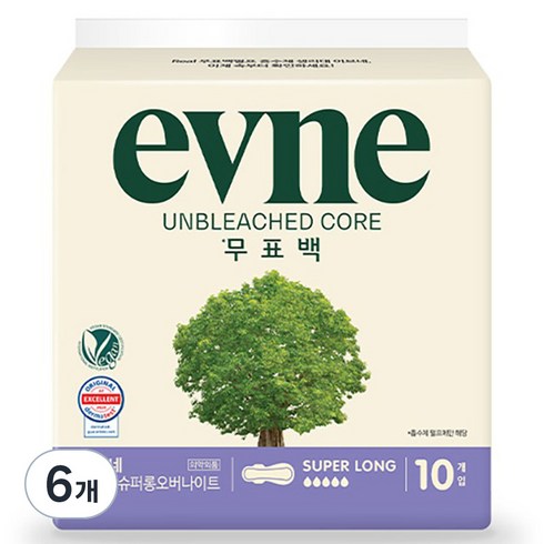 이브네 무표백 코어 슈퍼롱 생리대 날개형, 오버나이트 이상, 10개입, 6세트