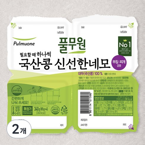 풀무원 국내산 콩 신선한 네모 두부, 340g, 2개