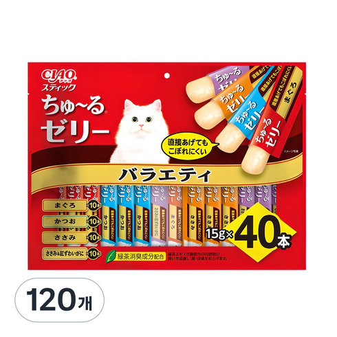 챠오츄르 고양이 스틱 짜먹는 간식, 참치 + 가다랑어 + 닭가슴살 + 혼합맛(닭가슴살/게), 15g, 120개