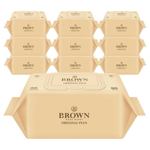 브라운 오리지널 플러스 도톰한 엠보싱 저자극 아기 물티슈 캡형, 55g, 80매, 10개