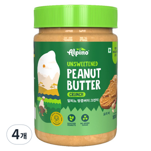 알피노 무가당 땅콩버터 크런치, 4개, 500g