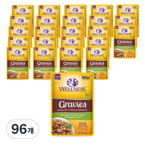 웰니스 고양이 헬시 인덜전스 그레이비 습식사료 파우치, 닭+칠면조, 85g, 96개