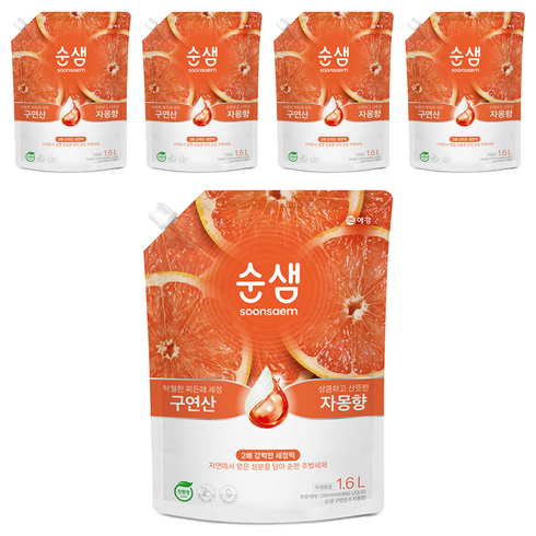 순샘 구연산 자몽향 주방세제 리필, 1.6L, 5개
